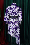 Фиолетовый модный повседневный пэчворк с принтом и поясом, водолазка, нерегулярные платья (содержит пояс)