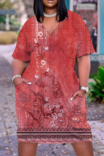Pale Red Casual Print Patchwork V Neck Short Sleeve Dress