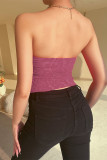 Rose Red Sexy Solid Backless Slit Letter Strapless Tops