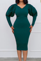グリーン カジュアル ソリッド パッチワーク ビーズ V ネック ワン ステップ スカート ドレス