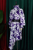 パープル ファッション カジュアル プリント パッチワーク ベルト付き タートルネック 不規則なドレス ドレス (ベルトを含む)