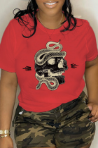 T-shirts à col rond et patchwork de crâne à imprimé quotidien décontracté rouge