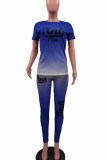 Blue Casual Gradual Change Print Letter O Neck Short Sleeve Two Pieces