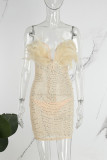Apricot Sexy Party Formal Hot Drilling See-through Beading V Neck Sheath Dresses