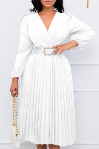 White Casual Solid Patchwork Fold V Neck Waist Skirt Dresses(With Belt)