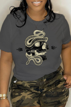 Camisetas con cuello en O de patchwork de calavera con estampado diario informal gris oscuro