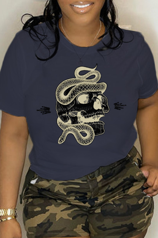 T-shirts décontractés à col rond et patchwork de crâne imprimés quotidiens bleu marine
