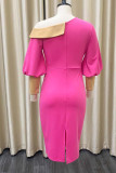 ピンクのカジュアルでエレガントなソリッドパッチワーク非対称カラーペンシルスカートドレス