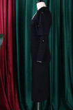Vestido preto casual patchwork sólido com decote em V e saia única