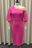 Pink Casual Elegant Solid Patchwork Asymmetrical Collar Pencil Skirt Dresses