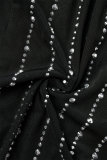 Vestidos de manga comprida preto sexy casual patchwork transparente com decote em bico