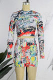 Colour Casual Print Basic O Neck Long Sleeve Two Pieces (Subject To The Actual Object)