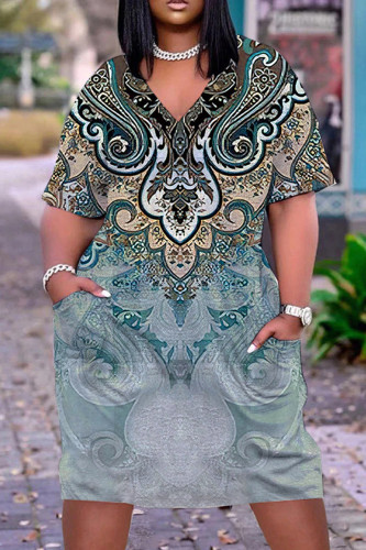 Multicolor Casual Print Patchwork V Neck Short Sleeve Dress
