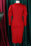 Vestidos de saia única com decote em V e remendos lisos casuais vermelhos