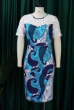 Vestidos de falda de un paso con cuello en O transparente de patchwork con estampado elegante azul
