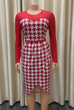 Red Elegant Plaid Print Patchwork See-through Asymmetrical O Neck One Step Skirt Dresses