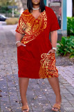 Vestido vermelho casual estampa patchwork manga curta decote em V