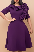 Purple Elegant Solid Flounce Fold Zipper O Neck A Line Dresses