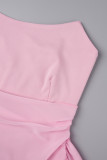 Pink Sexy Tassel Backless Fold Mesh Strapless One Step Skirt Dresses