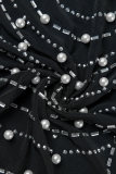 Schwarze, sexy, formelle, heiße, durchbohrte, mit Perlen besetzte Etuikleider mit V-Ausschnitt