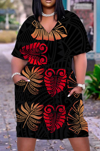 Black Red Casual Print Patchwork V Neck Short Sleeve Dress