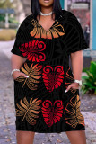 Черно-красное повседневное платье с коротким рукавом и V-образным вырезом в стиле пэчворк с принтом