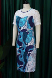 ブルーのエレガントなプリント パッチワーク シースルー O ネック ワン ステップ スカート ドレス