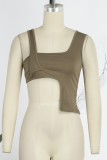 Army Green Street Solid Patchwork Asymmetrical Square Collar High Waist Tops