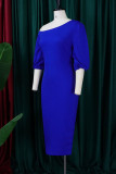 Vestidos de falda de un paso de cuello asimétrico con pliegues de patchwork sólido elegante informal azul