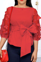 Red Casual Solid Bandage Patchwork Appliques O Neck Plus Size Tops