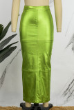 Зеленые повседневные однотонные облегающие юбки с высокой талией и разрезом, обычные однотонные юбки