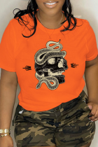 Camisetas casuais laranja com estampa diária de caveira patchwork com decote em O