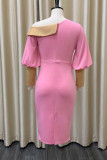 Pink Casual Elegant Solid Patchwork asymmetrischer Kragen Bleistiftrock Kleider