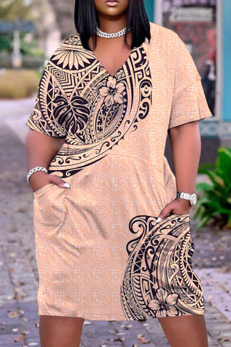Light Orange Casual Print Patchwork V Neck Short Sleeve Dress