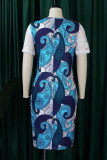 Vestidos de falda de un paso con cuello en O transparente de patchwork con estampado elegante azul