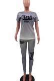 Grey Casual Gradual Change Print Letter O Neck Short Sleeve Two Pieces