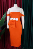 Tangerine Red Celebrity Élégant Patchwork Solide Off The Shoulder One Step Jupe Robes