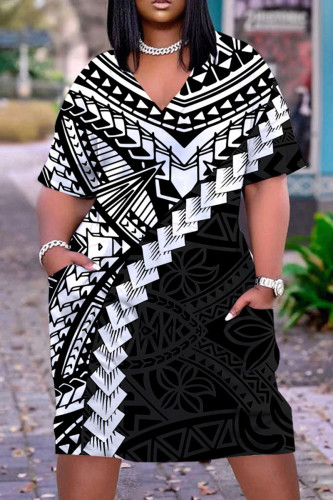 Black White Casual Print Patchwork V Neck Short Sleeve Dress