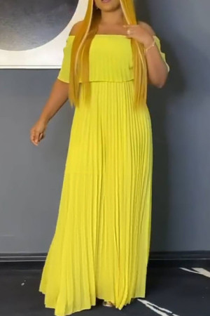 Gele casual effen patchwork rechte plooi-off-shoulder jurken