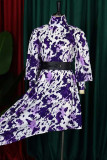 Púrpura moda casual estampado patchwork con cinturón cuello alto vestido irregular vestidos (contienen el cinturón)