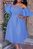 Sky Blue Elegant Solid Patchwork Off the Shoulder Evening Dress Dresses