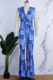 Blauwe casual print patchwork V-hals normale jumpsuits