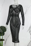 Noir Sexy Casual Patchwork Hot Drilling See-through O Neck Robes à manches longues
