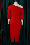 Robes de jupe en une étape à col asymétrique en patchwork solide décontracté élégant rouge