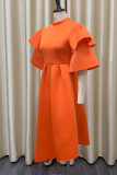 Mandarinröd Casual Elegant gediget lapptäcke Volang Halv turtleneck aftonklänning