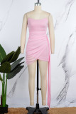 Pink Sexy Tassel Backless Fold Mesh Strapless One Step Skirt Dresses