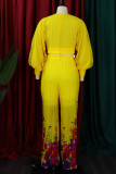 amarillo casual elegante estampado patchwork doblar cuello en v manga larga dos piezas