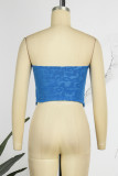 Blue Sexy Solid Backless Slit Letter Strapless Tops