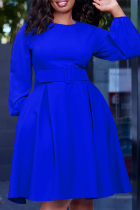 Königsblaues, elegantes, solides Patchwork-Kleid mit Reißverschluss, O-Ausschnitt, A-Linie (mit Gürtel)