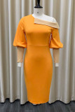 タンジェリンレッドカジュアルエレガントなソリッドパッチワーク非対称カラーペンシルスカートドレス